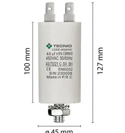 Condensateur de démarrage pour moteurs électriques, 450V, capacité : 40 microfarad, 4 broches / M8^Tecnid Best