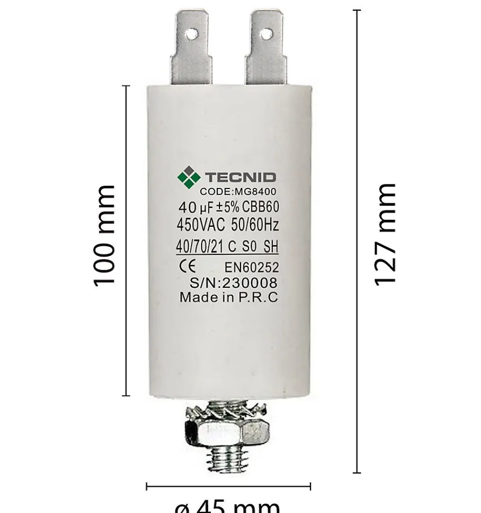 Condensateur de démarrage pour moteurs électriques, 450V, capacité : 40 microfarad, 4 broches / M8^Tecnid Best