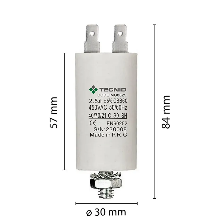Condensateur de démarrage pour moteurs électriques, 450V, capacité : 2,5 microfarad, 4 broches / M8-Tecnid Best