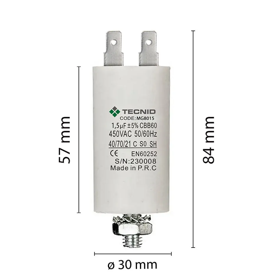 Condensateur de démarrage pour moteurs électriques, 450 V, capacité : 1,5 microfarad, 4 broches/M8^Tecnid Outlet