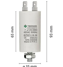 Condensateur de démarrage pour moteurs électriques, 450V, capacité : 7 microfarad, 4 broches / M8^Tecnid Online