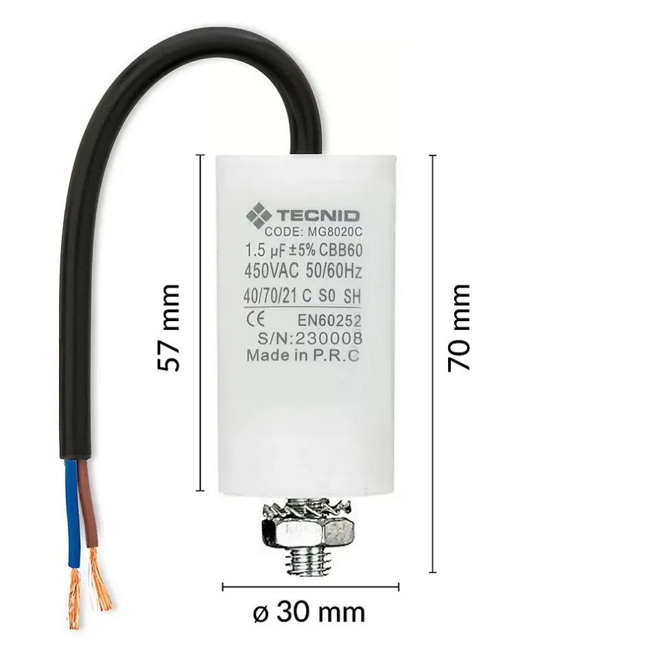 Condensateur de démarrage pour moteurs électriques, 450V, capacité : 2 microfarad, avec câble de 15cm-Tecnid Discount