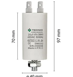 Condensateur de démarrage pour moteurs électriques, 450V, capacité : 20 microfarad, 4 broches / M8-Tecnid Outlet