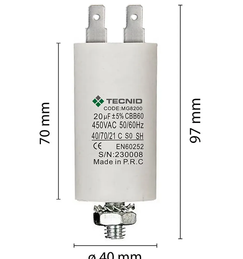Condensateur de démarrage pour moteurs électriques, 450V, capacité : 20 microfarad, 4 broches / M8-Tecnid Outlet
