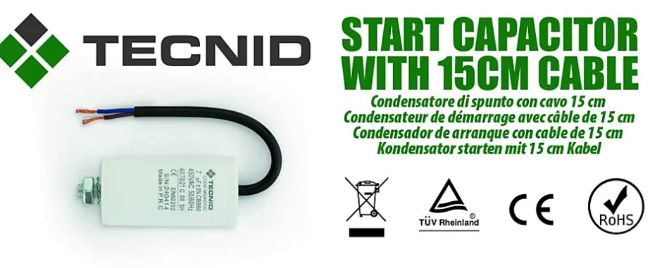 Condensateur de démarrage pour moteurs électriques, 450V, capacité : 12 microfarad, avec câble de 15cm-Tecnid New
