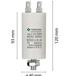 Condensateur de démarrage pour moteurs électriques, 450V, capacité : 25 microfarad, 4 broches / M8-Tecnid Clearance
