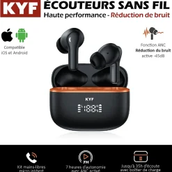Écouteurs Bluetooth réduction bruit ANC -45dB, ENC -40dB et boitier de charge-Kyf Sale