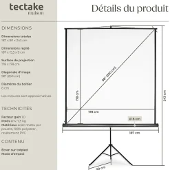 Écran de projection extensible avec un trépied en polyester blanc^Tectake New