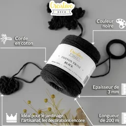 3mm x 200m Corde Macramé Noir - Fil de Coton et Polyester - +/- 0.5 mm Épaisseur - Decoration Jardinage Emballage-Creative Deco Clearance