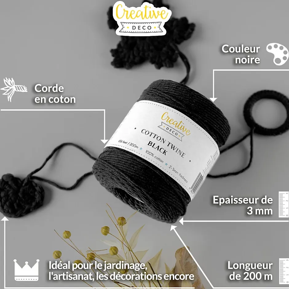 3mm x 200m Corde Macramé Noir - Fil de Coton et Polyester - +/- 0.5 mm Épaisseur - Decoration Jardinage Emballage-Creative Deco Clearance