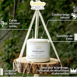 3mm x 300m Corde Macramé Fil de Coton Beige - +/- 0,5 mm Épaisseur - Ficelle de 12 Plis - Cordelette Naturel^Creative Deco Hot