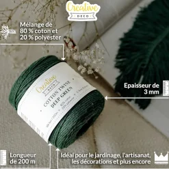 3mm x 200m Corde Macramé Fil de Coton Vert Foncé - +/- 0,5 mm Épaisseur - Ficelle de 30 Plis - Cordelette Naturel^Creative Deco New