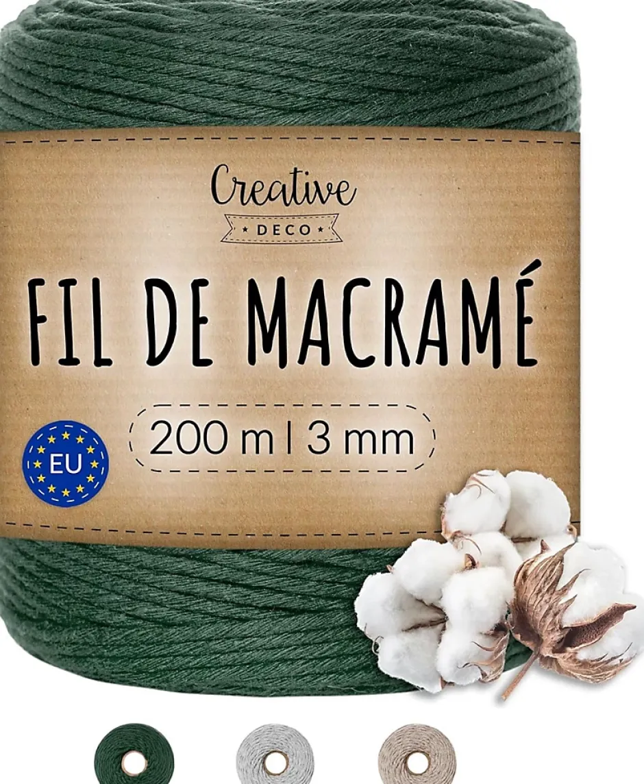 3mm x 200m Corde Macramé Fil de Coton Vert Foncé - +/- 0,5 mm Épaisseur - Ficelle de 30 Plis - Cordelette Naturel^Creative Deco New