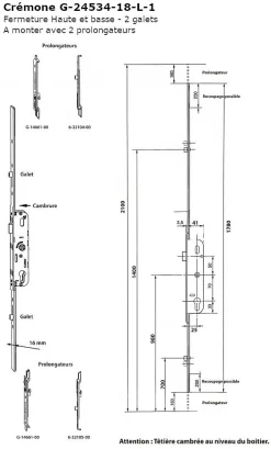 Crémone barillet axe 25mm longueur 2030mm ajustable haut et bas - - G-24534-20-L-1-Ferco New