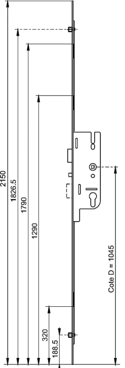 Crémone MATIC 50/70 2 galets têtière 18mm carré 7mm L 2150mm cote D 1045mm - - 6-33164-12-0-1^Ferco