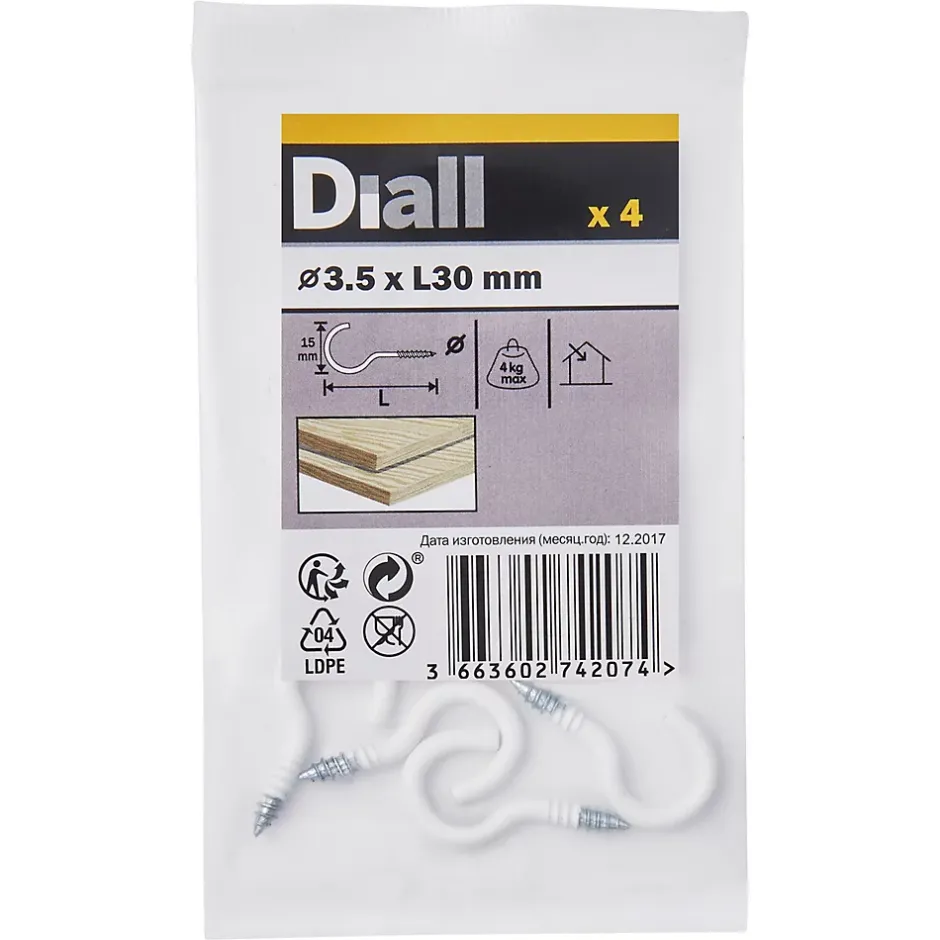 Crochet rond à visser en acier plastifié blanc 30x17 mm - 4 pièces^Diall Hot