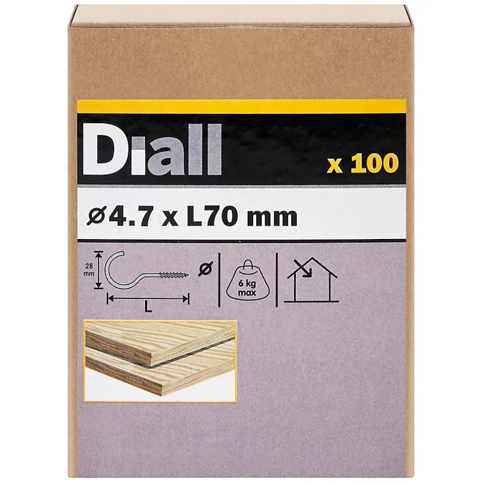 Crochet rond à visser en acier zingué 70x30 mm - 100 pièces^Diall Discount