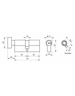 Cylindre de serrure à bouton 5G, 35Bx35mm, nickel, anti-arrachement, 5 clés --SP Best