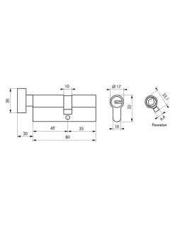Cylindre de serrure à bouton 5G 45B x 35mm, laiton, anti-arrachement, 5 clés --SP Online