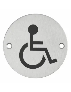Disque de signalisation WC Handicapé , à visser, inox brossé, marquage noir, diamètre 76mm -^Thirard Online