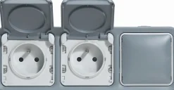 Double prise 2P+T + obturateur saillie Plexo gris^Legrand New