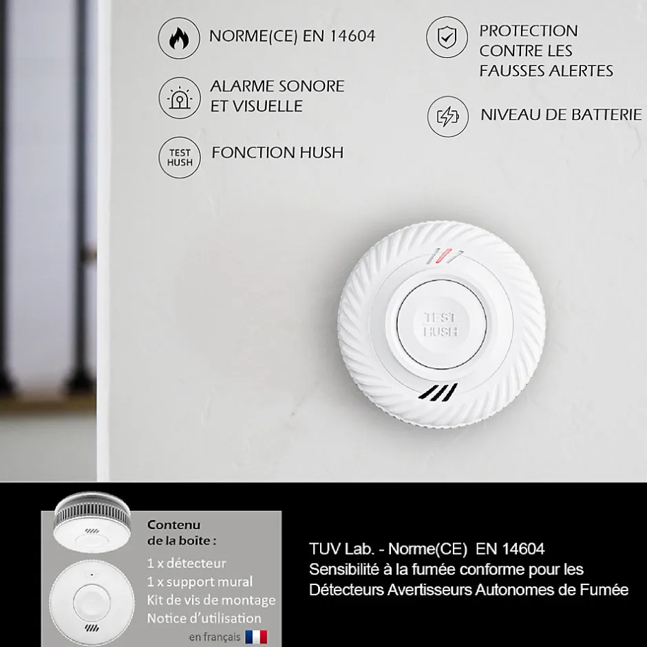 Détecteur de fumée connecté WIFI - CE EN14604 - Pile 10 ans scellée et Kit de fixation magnétique-Kyf New