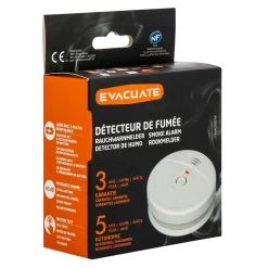 Détecteur de fumée optique Evacuate EVA033534 normes EN 14604 : 2005+ AC 2008 et NF DAAF fonctionne avec 1 pile 9V (6LR61)^
