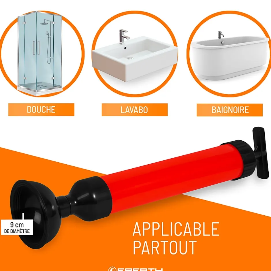 Pompe de nettoyage de tuyaux pour un nettoyage efficace des lavabos, douches et baignoires, diamètre de l'embout 90 mm^Eberth