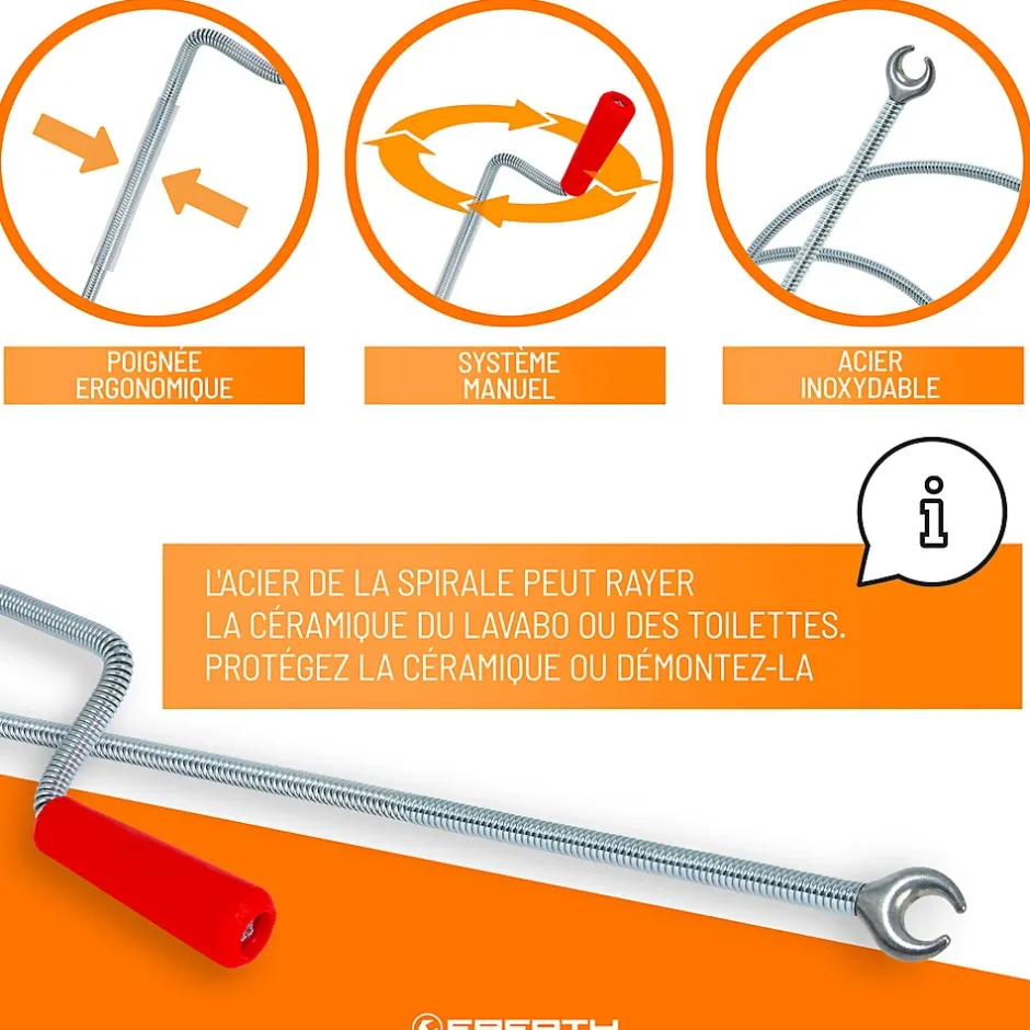 Spirale de nettoyage de tuyaux 8m de long et 9mm de diamètre pour tuyaux à partir de 40mm tête en forme de griffe de 20mm-Eberth New