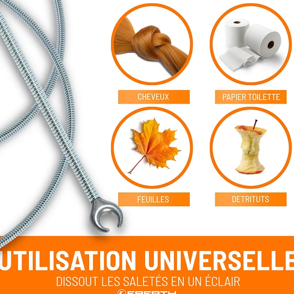 Spirale de nettoyage de tuyaux 8m de long et 9mm de diamètre pour tuyaux à partir de 40mm tête en forme de griffe de 20mm-Eberth New