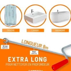 Spirale de nettoyage de tuyaux 8m de long et 9mm de diamètre pour tuyaux à partir de 40mm tête en forme de griffe de 20mm-Eberth New