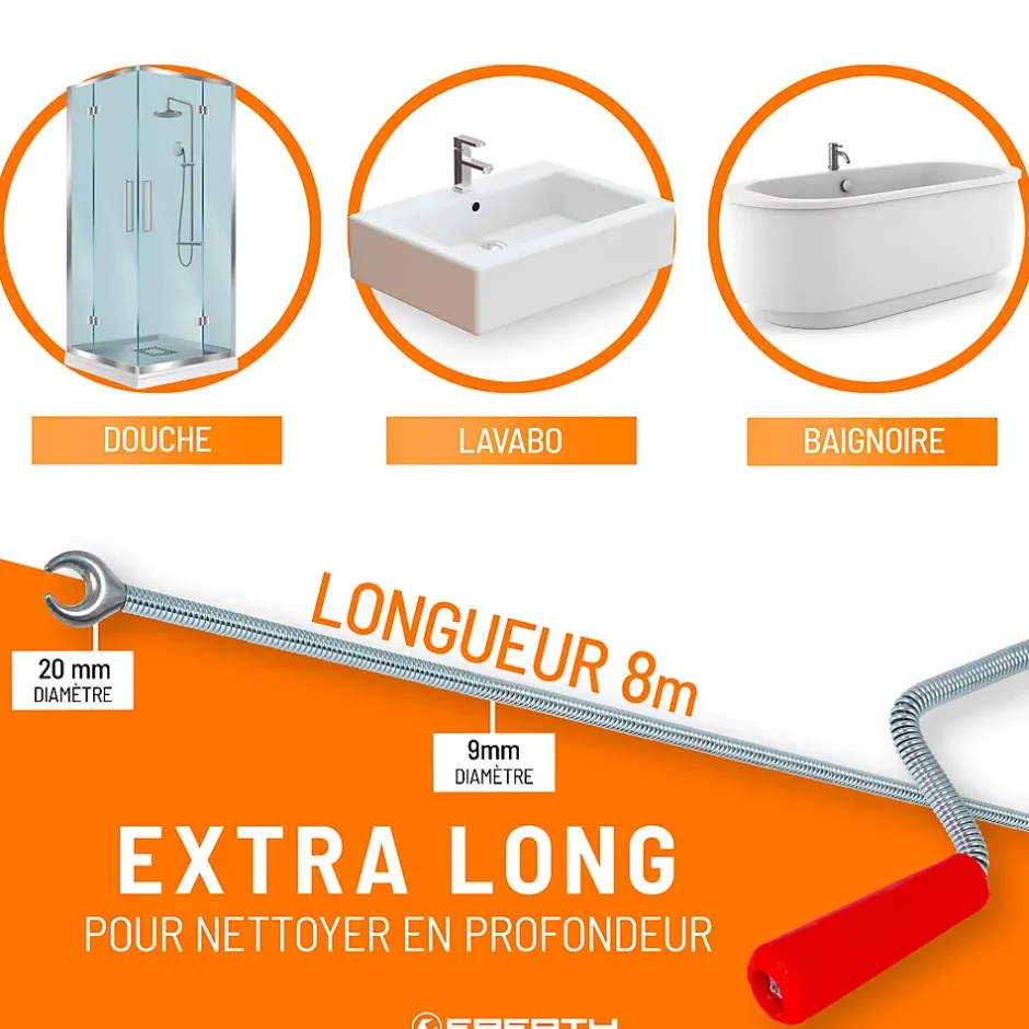 Spirale de nettoyage de tuyaux 8m de long et 9mm de diamètre pour tuyaux à partir de 40mm tête en forme de griffe de 20mm-Eberth New