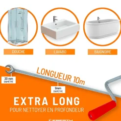 Spirale de nettoyage de tuyaux 10m de long et 9mm de diamètre pour tuyaux à partir de 40mm tête en forme de griffe de 20mm^Eberth Hot