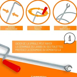Spirale de nettoyage de tuyaux 5m de long et 9mm de diamètre pour tuyaux à partir de 40mm tête en forme de griffe de 20mm-Eberth