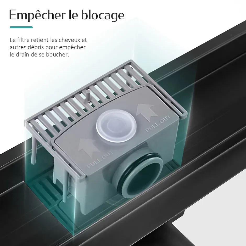 Caniveau de Douche 50 cm, Acier Inox, Siphon de Sol 2 en 1 avec Filtre à Cheveux, Finition Noire Élégante-EMKE Clearance