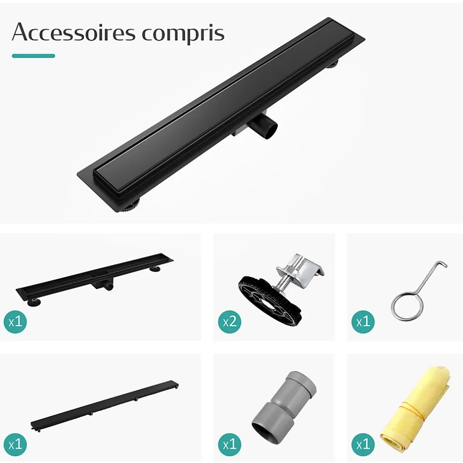 Caniveau de Douche 50 cm, Acier Inox, Siphon de Sol 2 en 1 avec Filtre à Cheveux, Finition Noire Élégante-EMKE Clearance