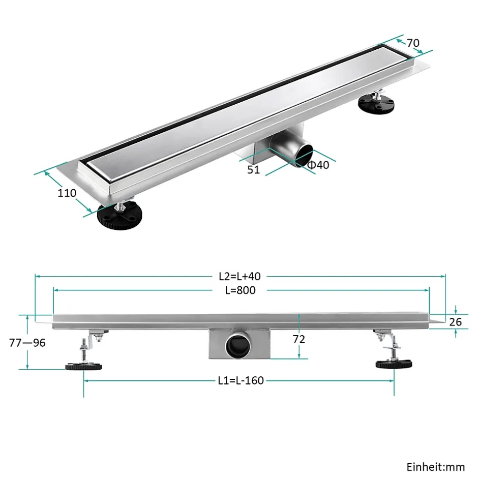 Siphon de douche linéaire, 80x7 cm, inox brossé SUS304, double installation^EMKE New
