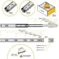 Emuca Jeu de coulisses à billes pour tiroir à sortie totale, hauteur 45mm, L650mm, Acier, Zingué^ Online