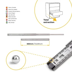 Emuca Jeu de coulisses à billes pour tiroir à sortie totale, hauteur 45mm, L650mm, Acier, Zingué^ Online