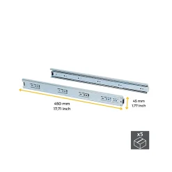 Emuca Lot de 5 coulisses pour tiroirs, roulement à billes, hauteur 45mm, profondeur 450mm, sortie totale, zingué^ New