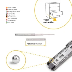 Emuca Lot de 5 coulisses pour tiroirs, roulement à billes, hauteur 45mm, profondeur 450mm, sortie totale, zingué^ New