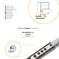 Emuca Lot de 5 jeux de coulisses de tiroir, roulement à billes, hauteur 17mm, profondeur 214mm, sortie partielle, zingué- Online