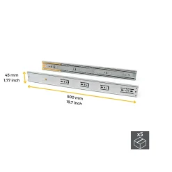 Emuca Lot de 5 jeux de coulisses de tiroirs, roulement à billes, hauteur 45mm, profondeur 500mm, sortie totale, fermeture amortie,- Best