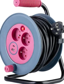 Enrouleur bricolage 3 prises + 2 USB-A/C - Rose -^Zenitech New