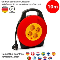 Enrouleur de câble domestique 4 prises Schuko standards, câble H05VV-F3G1.0MM2, 10M ,CE^Velamp New