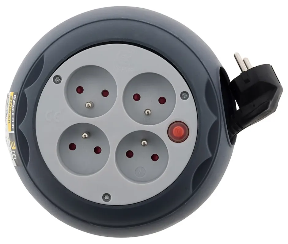 Enrouleur domestique 3m 4 prises 2P+T - Gris --Zenitech