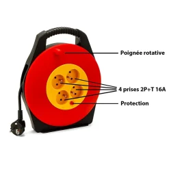 Enrouleur électrique domestique 10m, H05VV-F3G1.0MM2, 4 prises françaises 2P+T 16A, NF, CE-Velamp Outlet