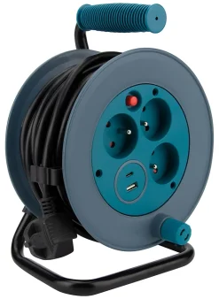 Enrouleur 12m 3 prises + 2USB - bleu --Zenitech Hot