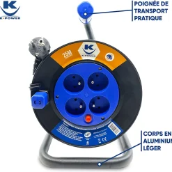 Enrouleur 25M 3G1.5 IP20 avec 4 Prises à Clapet, Robuste et Idéal pour Usage Intensif en Intérieur-Keli France Discount