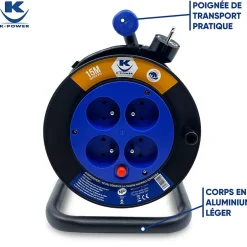 Enrouleur 15M 3G1.5 IP20 avec 4 Prises à Clapet, Robuste et Idéal pour Usage Intensif en Intérieur-Keli France